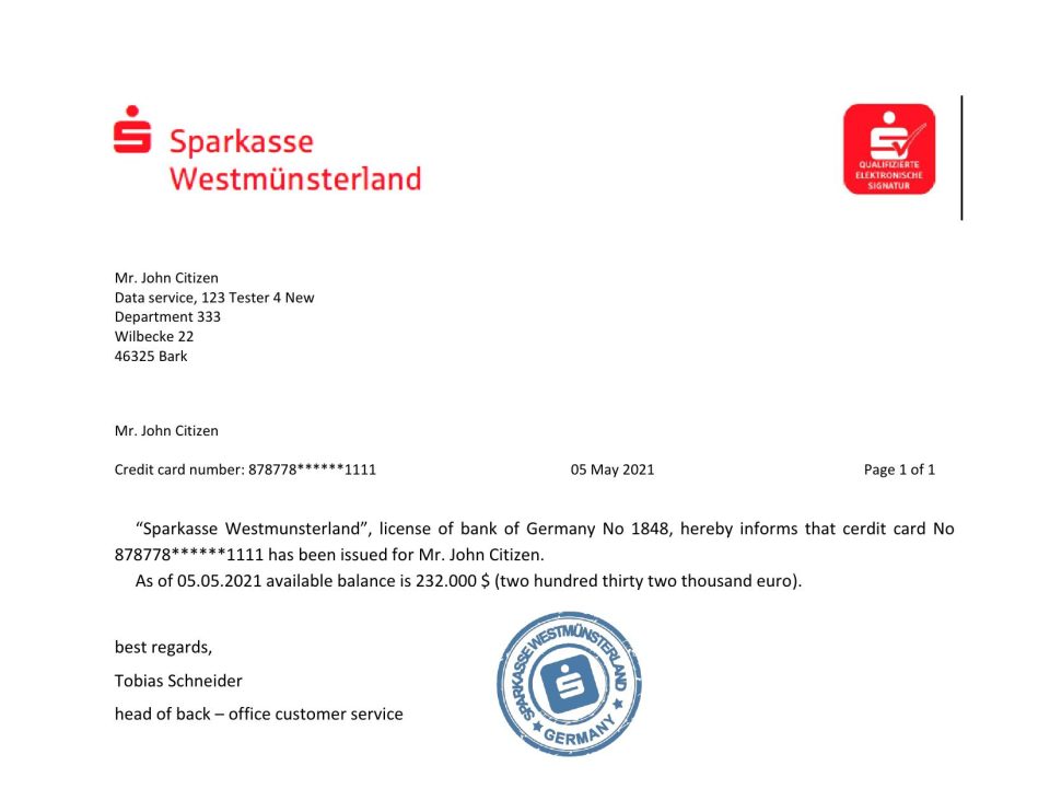 Download Germany Sparkasse Bank Reference Letter Templates | Editable Word