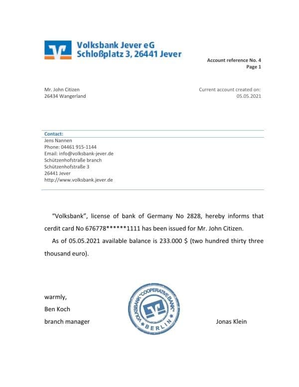 Download Germany Volksbank Bank Reference Letter Templates | Editable Word