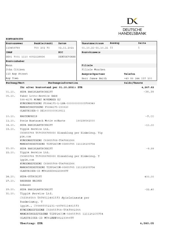 Germany Deutsche Handelsbank AG bank statement template in .xls and .pdf format