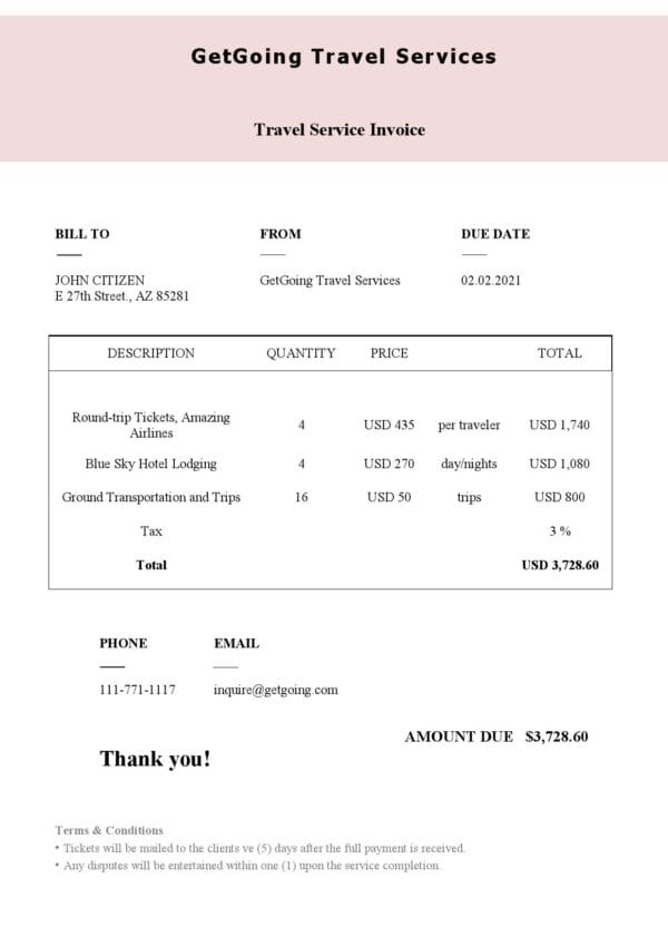 High-Quality USA GetGoing Travel Services Invoice Template PDF | Fully Editable