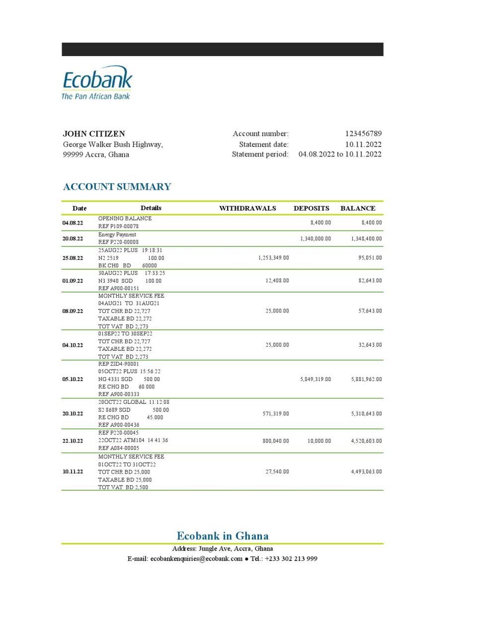 Ghana Ecobank bank statement Excel and PDF template