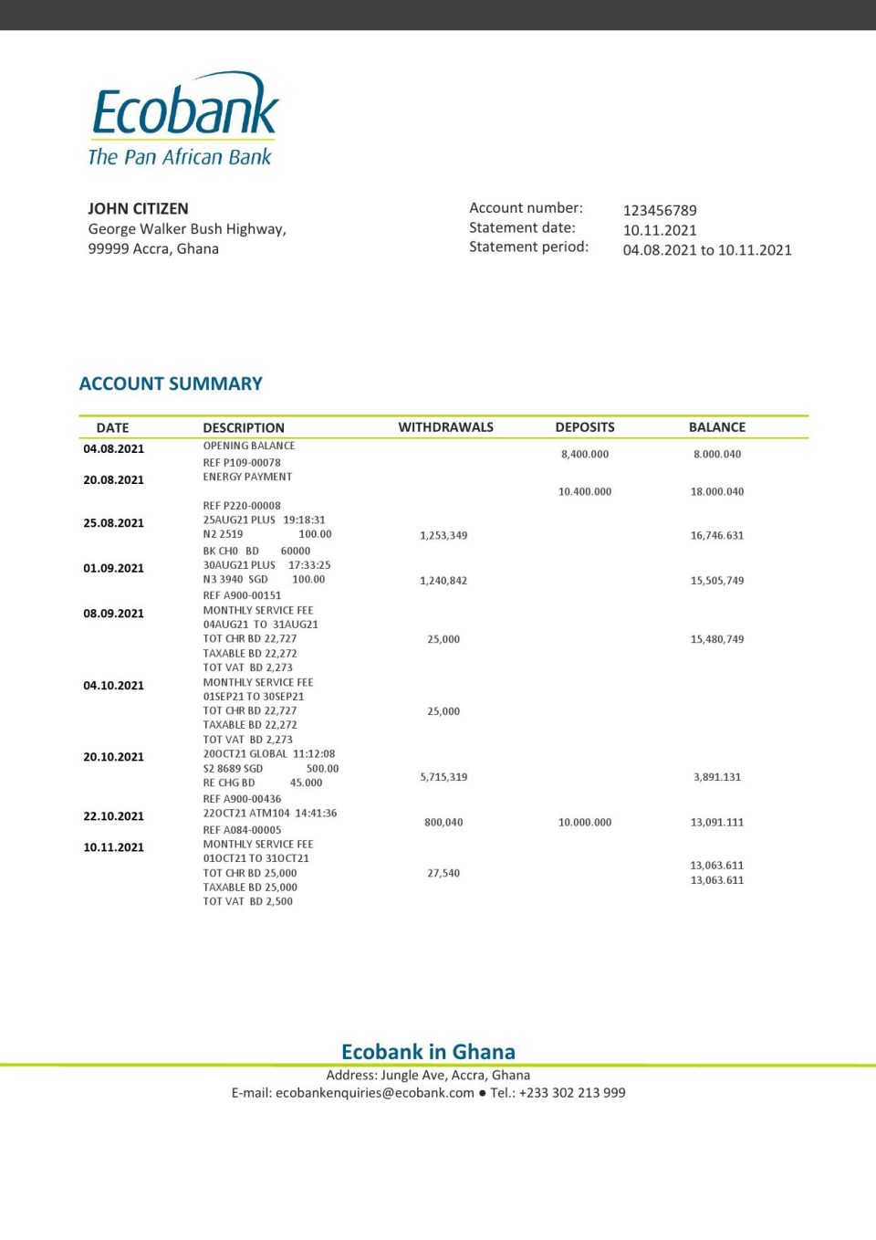 Ghana Ecobank proof of address bank statement template in Word and PDF format