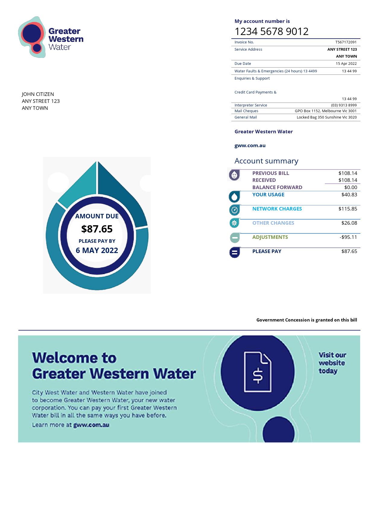 Australia Greater Western Water utility bill template in Word and PDF format