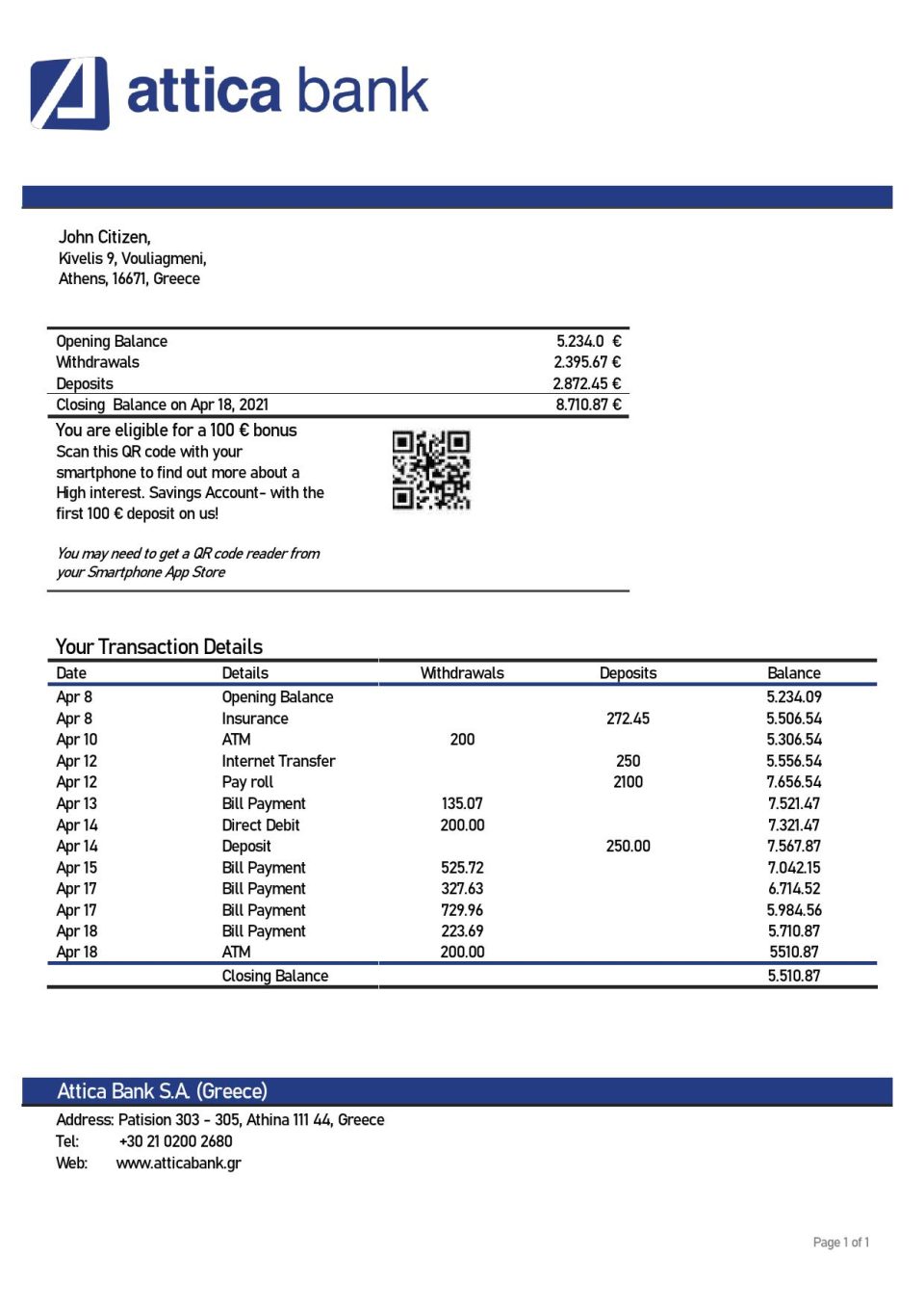 Greece Attica proof of address bank statement template in Word and PDF format, .doc and .pdf format