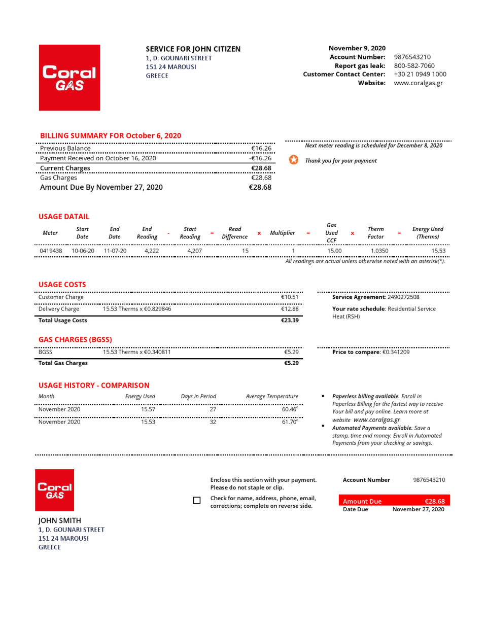 Greece CORAL GAS utility bill template in Word and PDF format