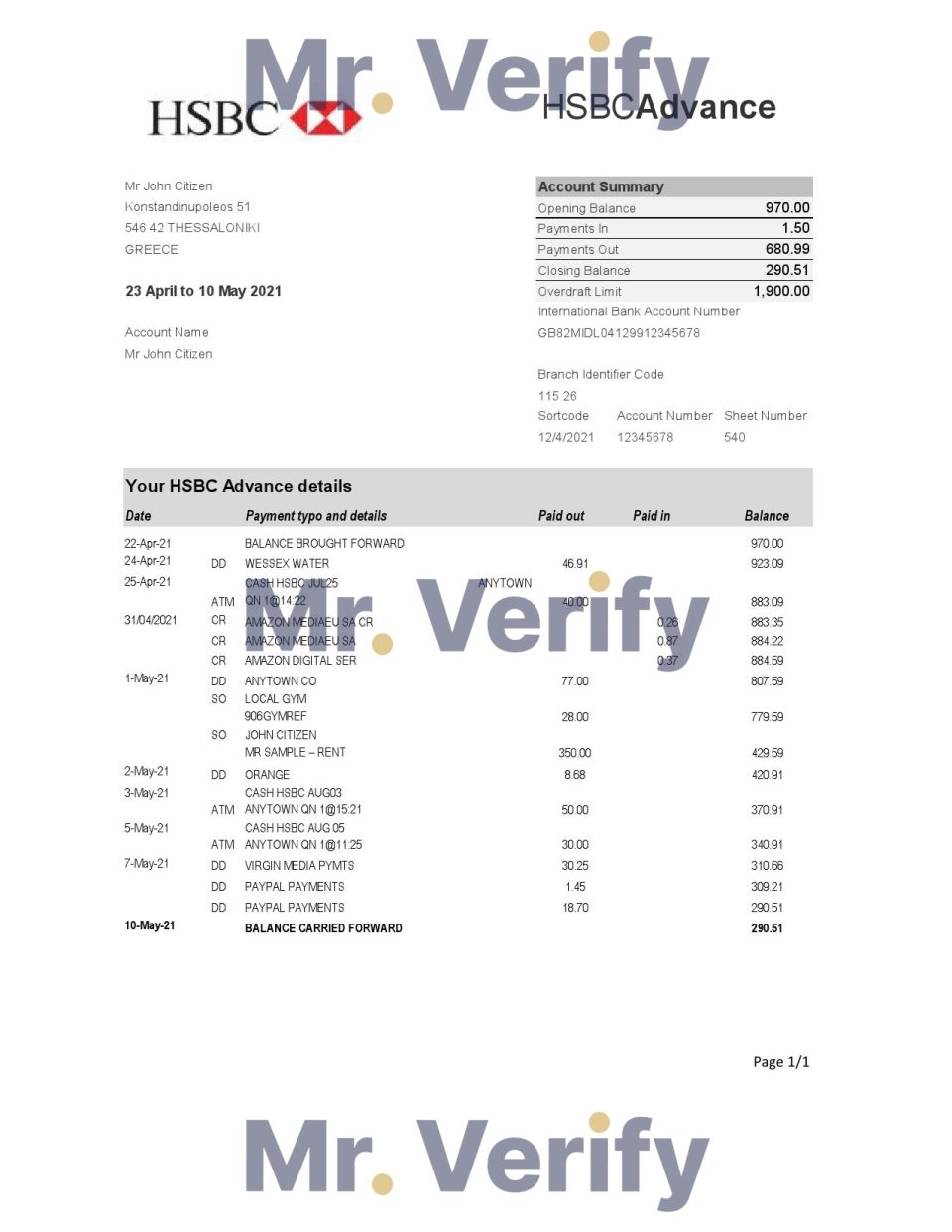 Greece HSBC bank statement easy to fill template in Excel and PDF format