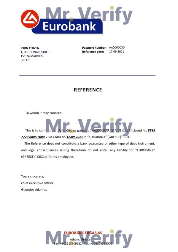 Greece Eurobank bank account closure reference letter template in Word and PDF format