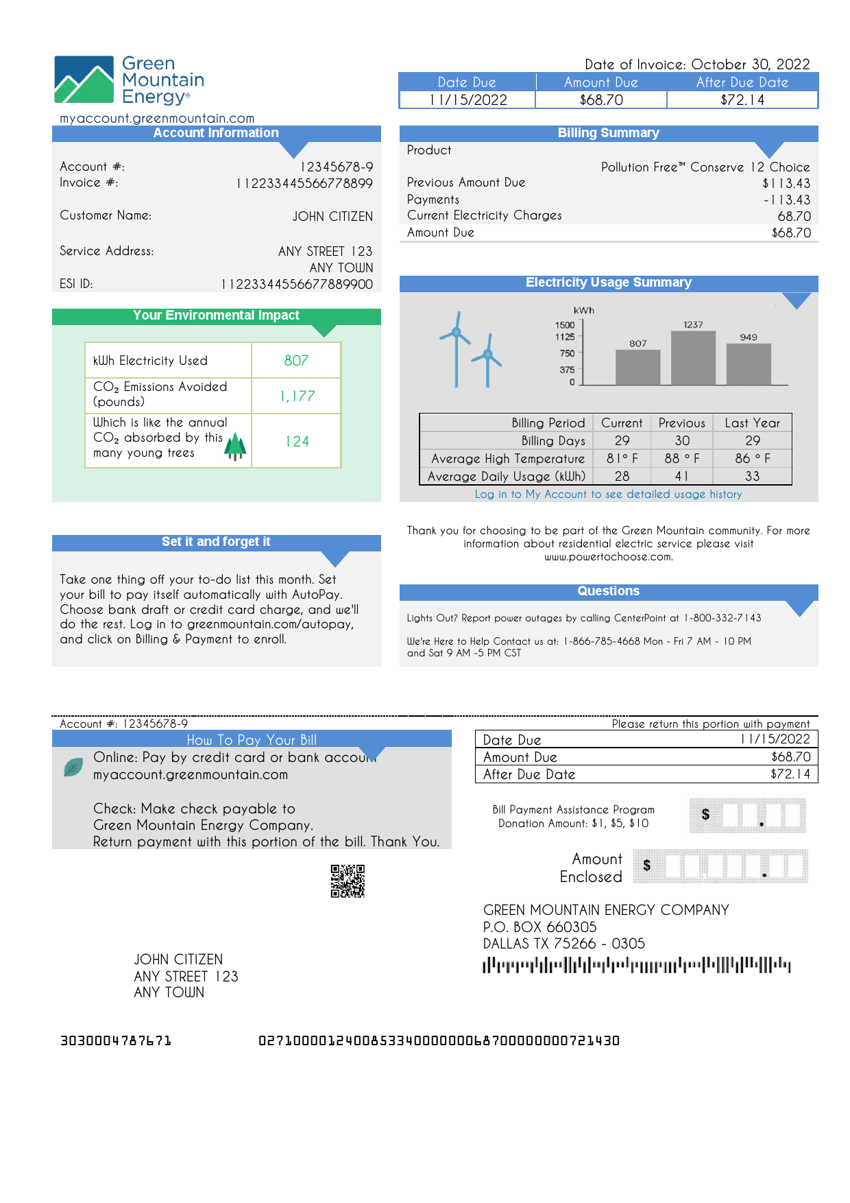 USA Green Mountain Energy utility bill template in Word and PDF format