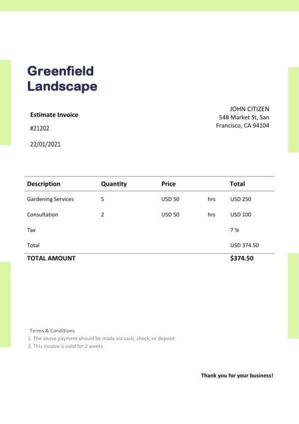 High-Quality USA Greenfield Landscap Invoice Template PDF | Fully Editable