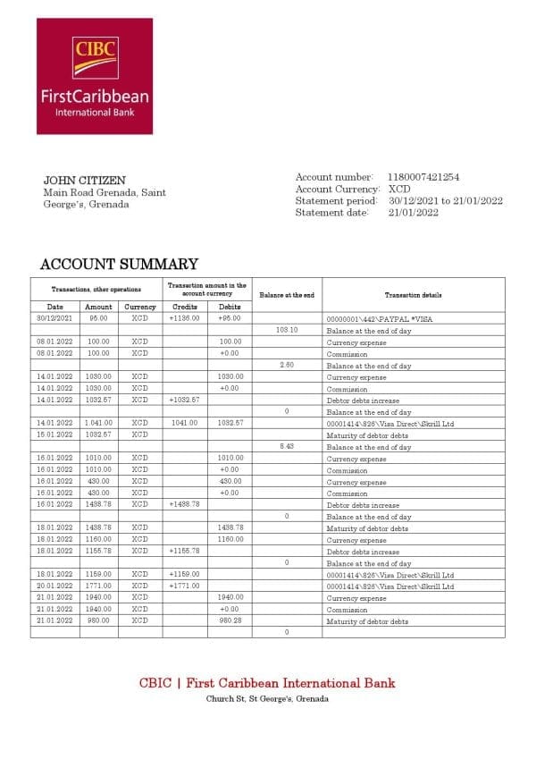 Grenada CBIC bank statement template in Word and PDF format