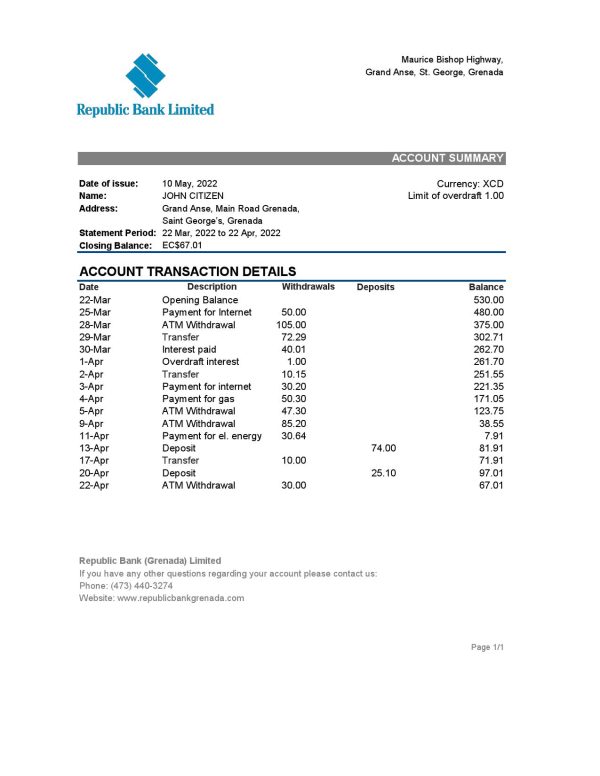 Grenada Republic bank statement Excel and PDF template
