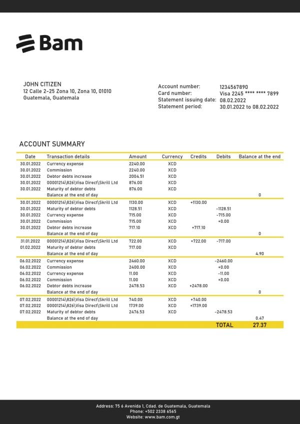 Guatemala Agromercantil proof of address bank statement template in Word and PDF format (.doc and .pdf)
