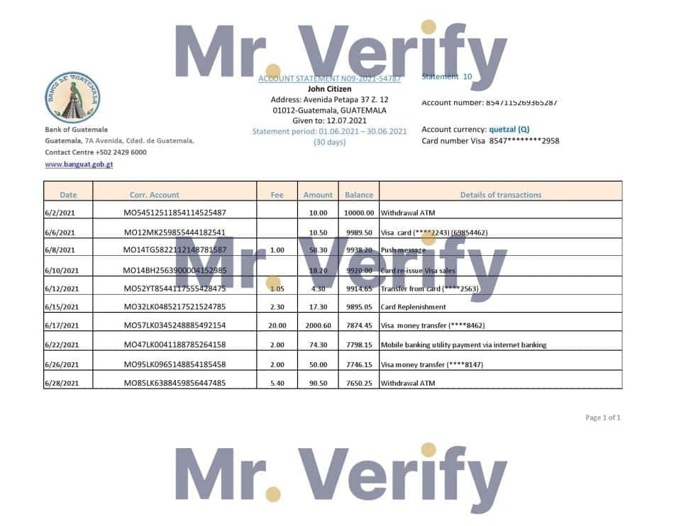 Guatemala Banco de Guatemala bank statement easy to fill template in Excel and PDF format