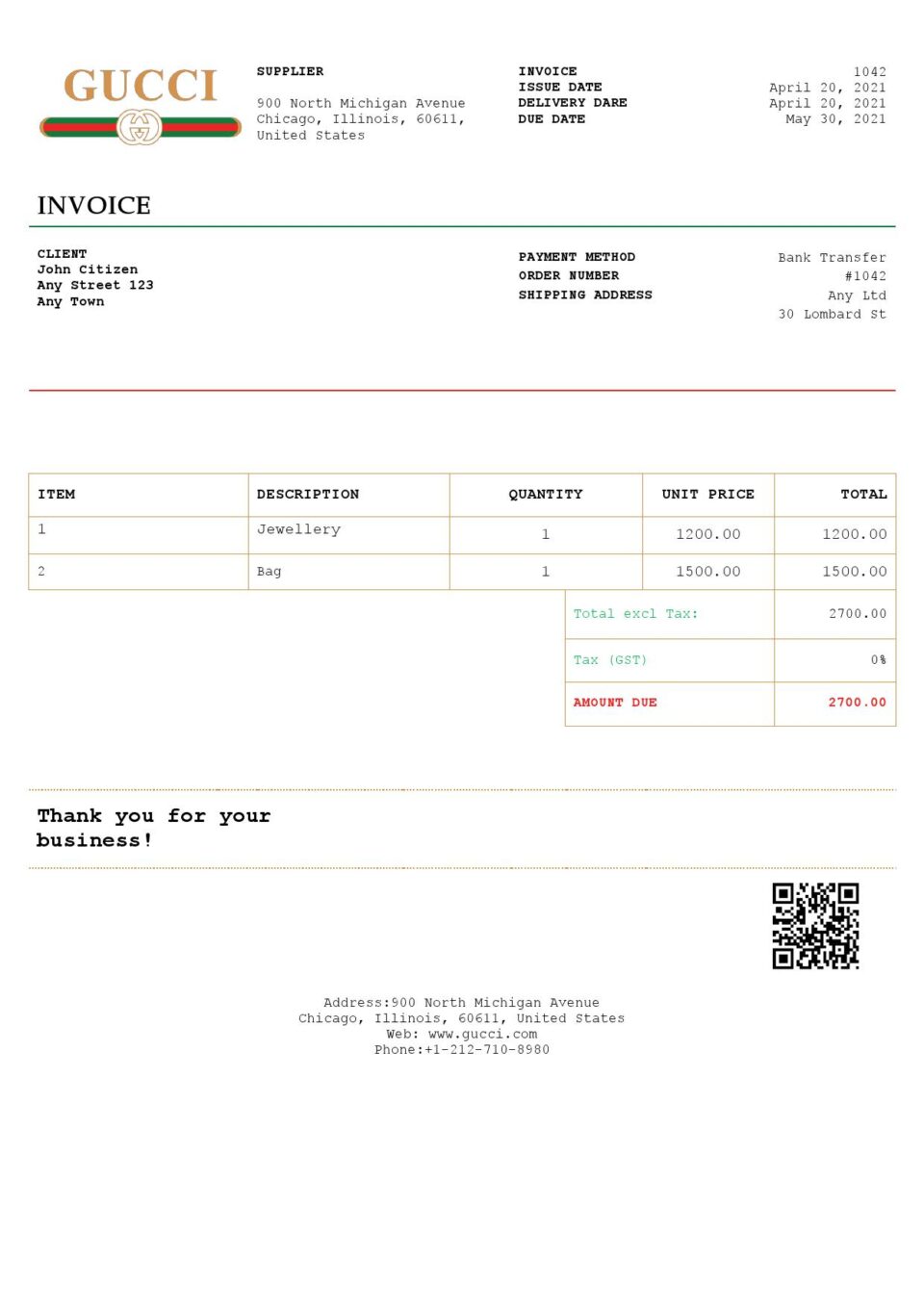 USA Gucci invoice template in Word and PDF format
