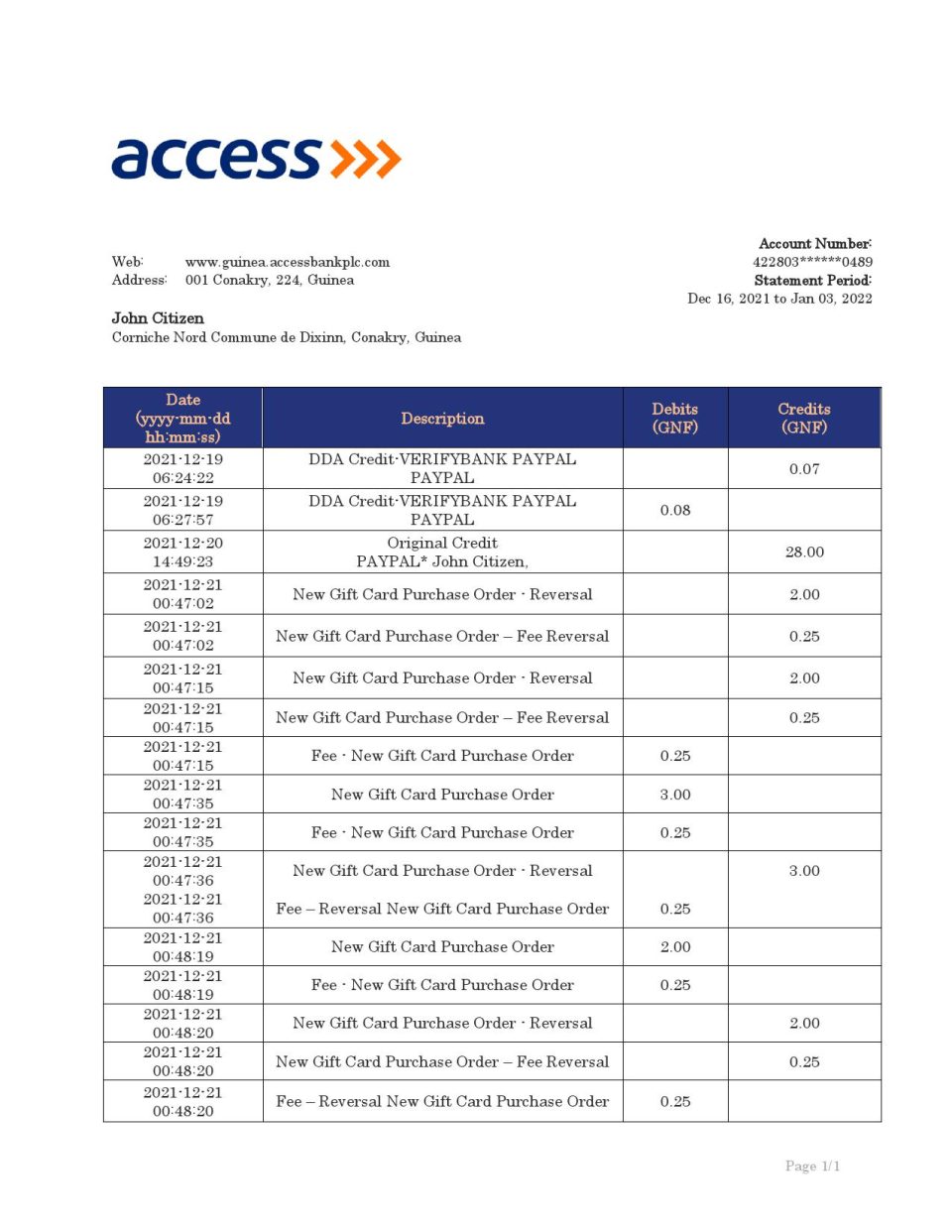 Guinea Access proof of address bank statement template in Word and PDF format