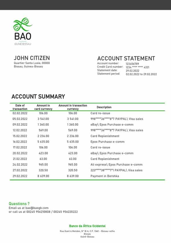 Guinea-Bissau Banco da Africa Ocidental proof of address bank statement template in Word and PDF format