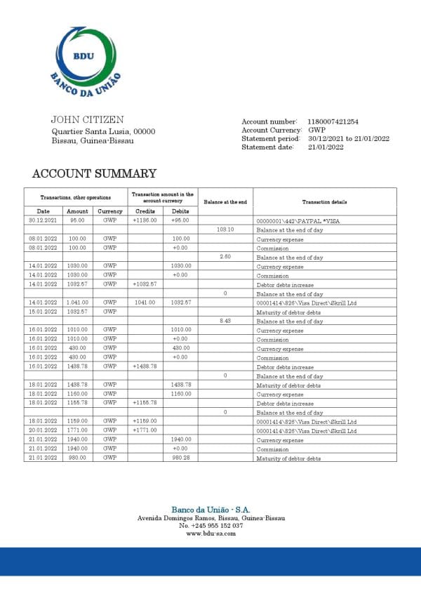 Guinea-Bissau Banco da Uniao proof of address bank statement template in Word and PDF format