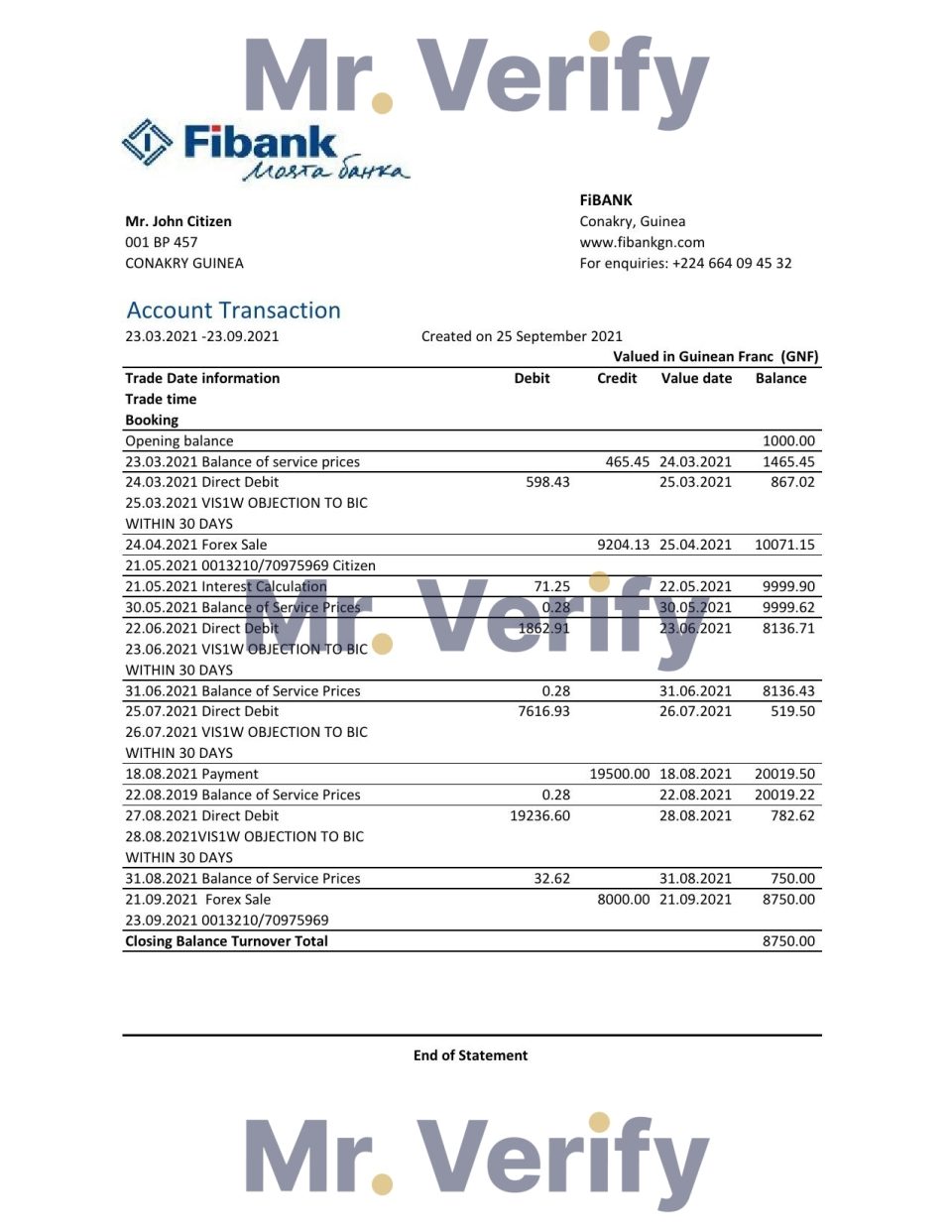 Guinea Fibank bank statement template in .xls and .pdf file format