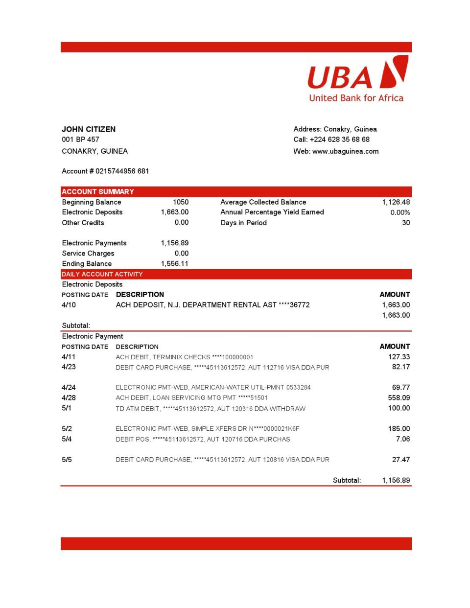 Guinea UBA Bank statement template in Excel and PDF format