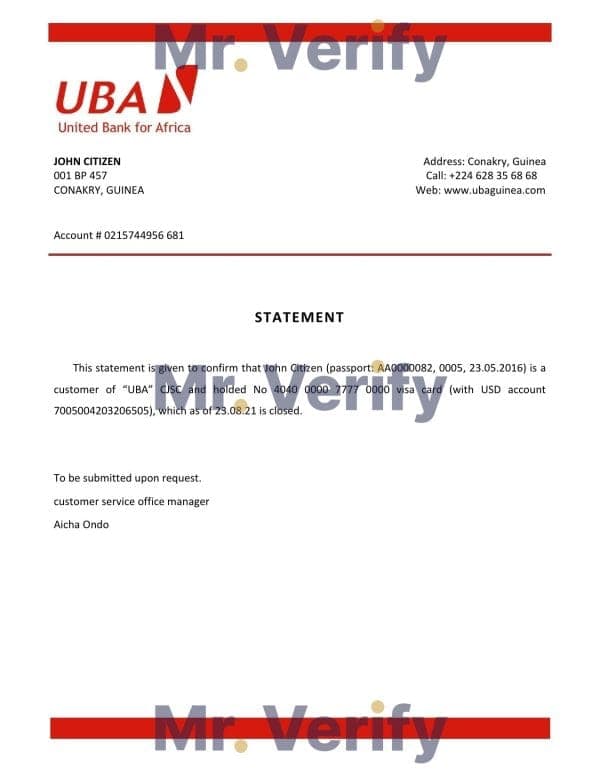 Download Guinea UBA Bank Reference Letter Templates | Editable Word