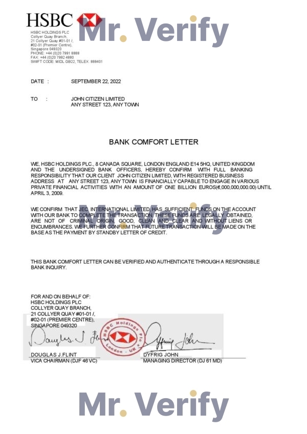 Singapore HSBC Bank reference letter template in Word and PDF format