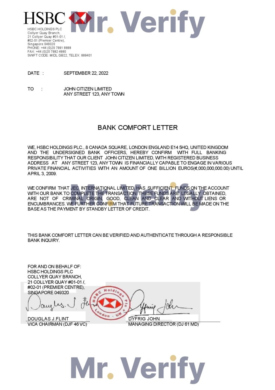 Singapore HSBC Bank reference letter template in Word and PDF format