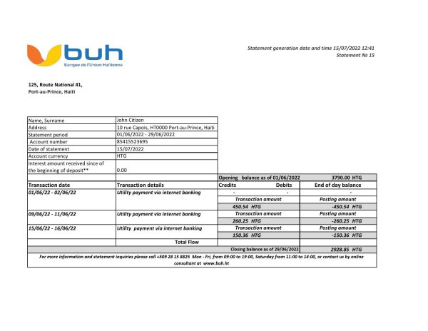 Haiti BUH bank statement Excel and PDF template