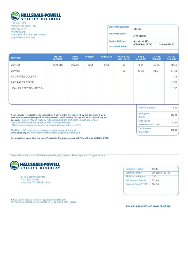 USA Hallsdale-Powell utility bill template in Word and PDF format