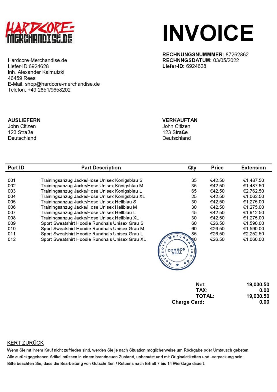 Germany Hardcore Merchandise invoice template in Word and PDF format
