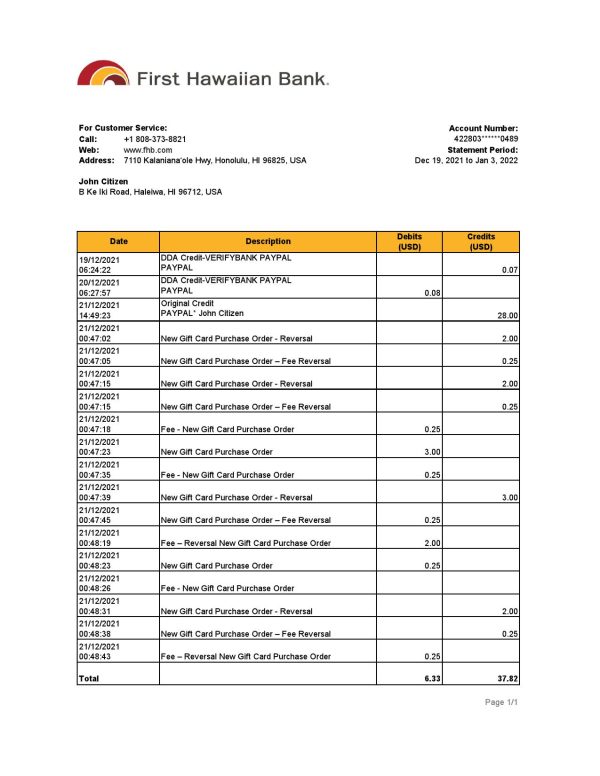 Hawaii First Hawaiian Bank statement Excel and PDF template