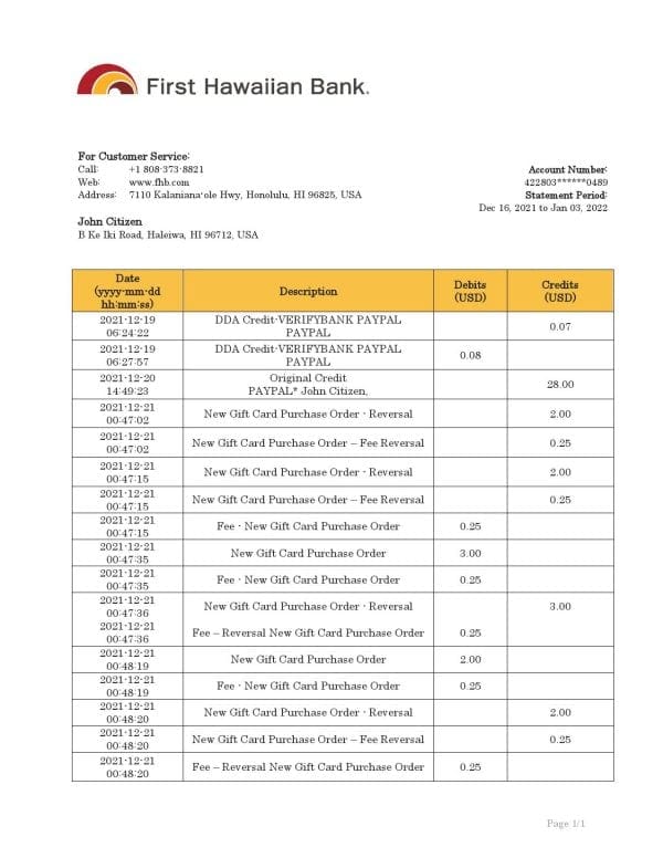 Hawaii First Hawaiian Bank statement bank statement template in Word and PDF format