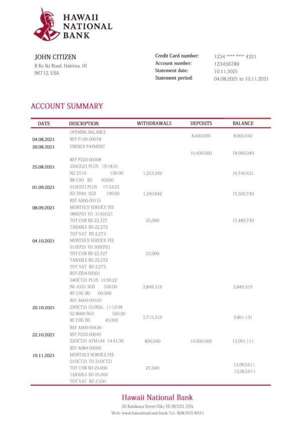 Hawaii Hawaii National Bank statement Word and PDF template