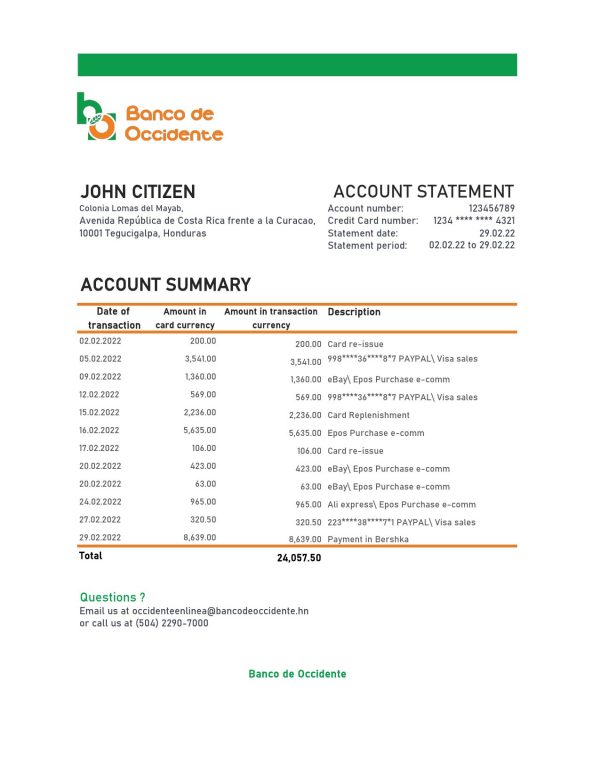 Honduras Banco de Occidente statement Excel and PDF template