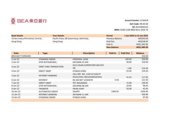 Hong Kong BEA bank statement Excel and PDF template