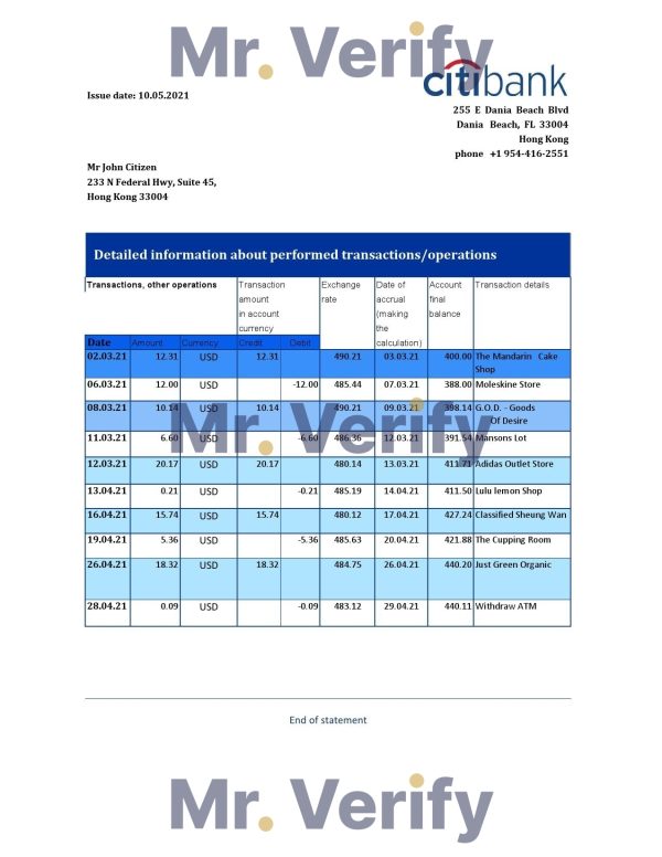 Hong Kong Citibank proof of address bank statement template in Excel and PDF format