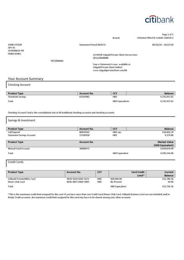 Hong Kong Citibank credit card statement template in Word and PDF format