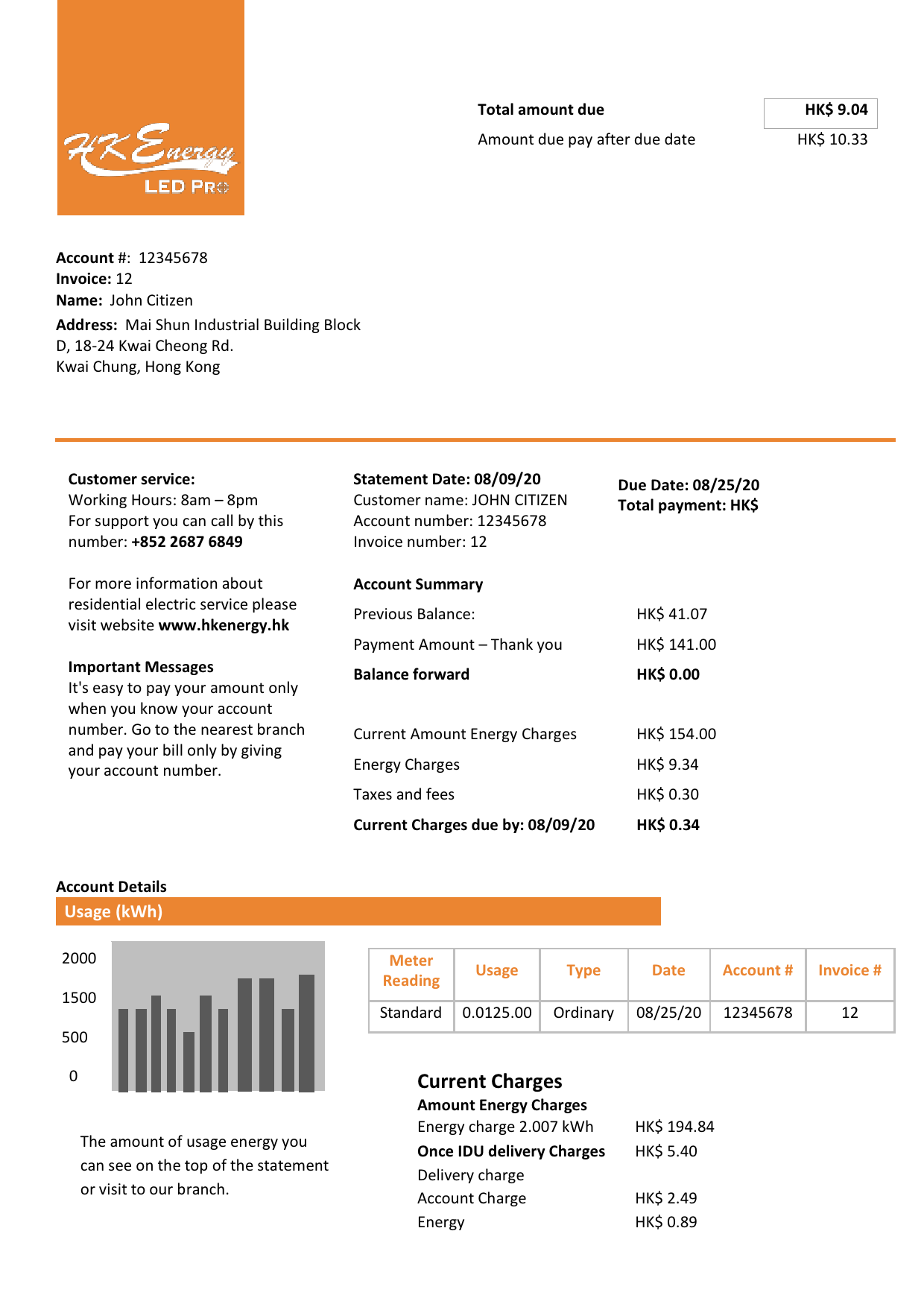 Hong Kong Energy Ltd utility bill template in Word and PDF format