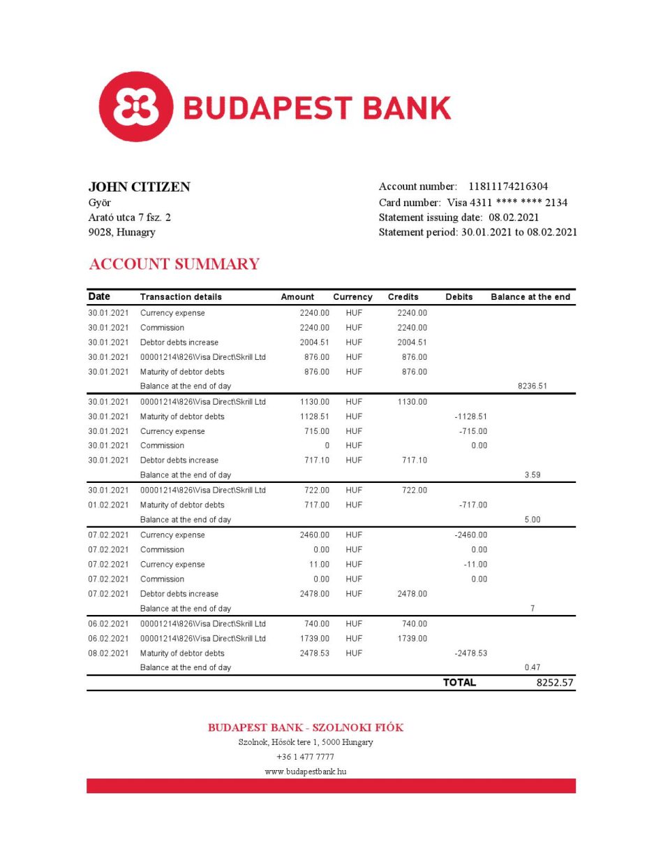 Hungary Budapest Bank – Szolnoki Fiók bank statement easy to fill template in .xls and .pdf file format