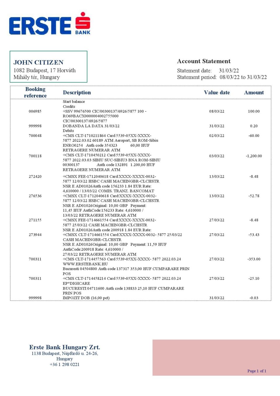 Hungary Erste Bank statement template in Word and PDF format