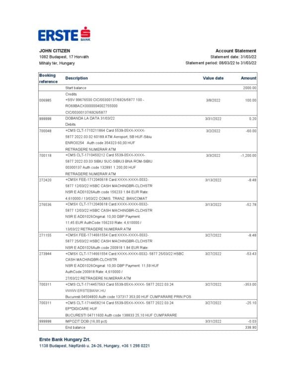 Hungary Erste bank statement Excel and PDF template