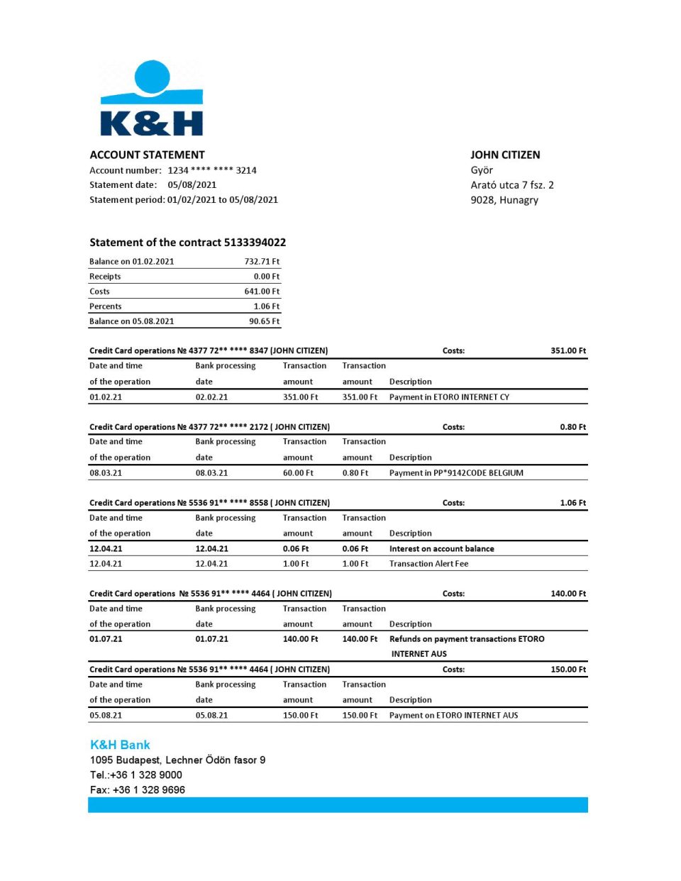 Hungary K&H Bank statement easy to fill template in Excel and PDF format