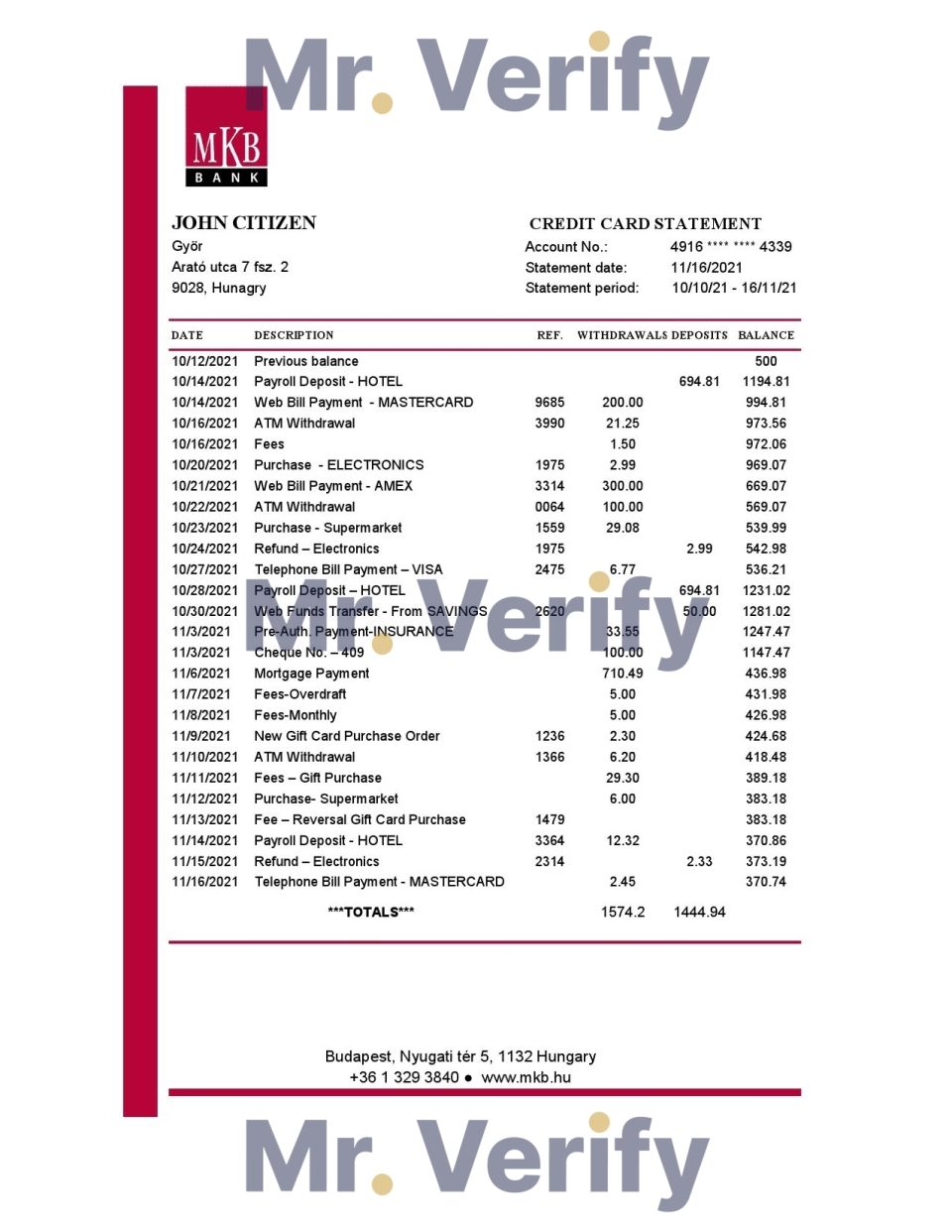Hungary MKB Bank statement easy to fill template in .xls and .pdf file format