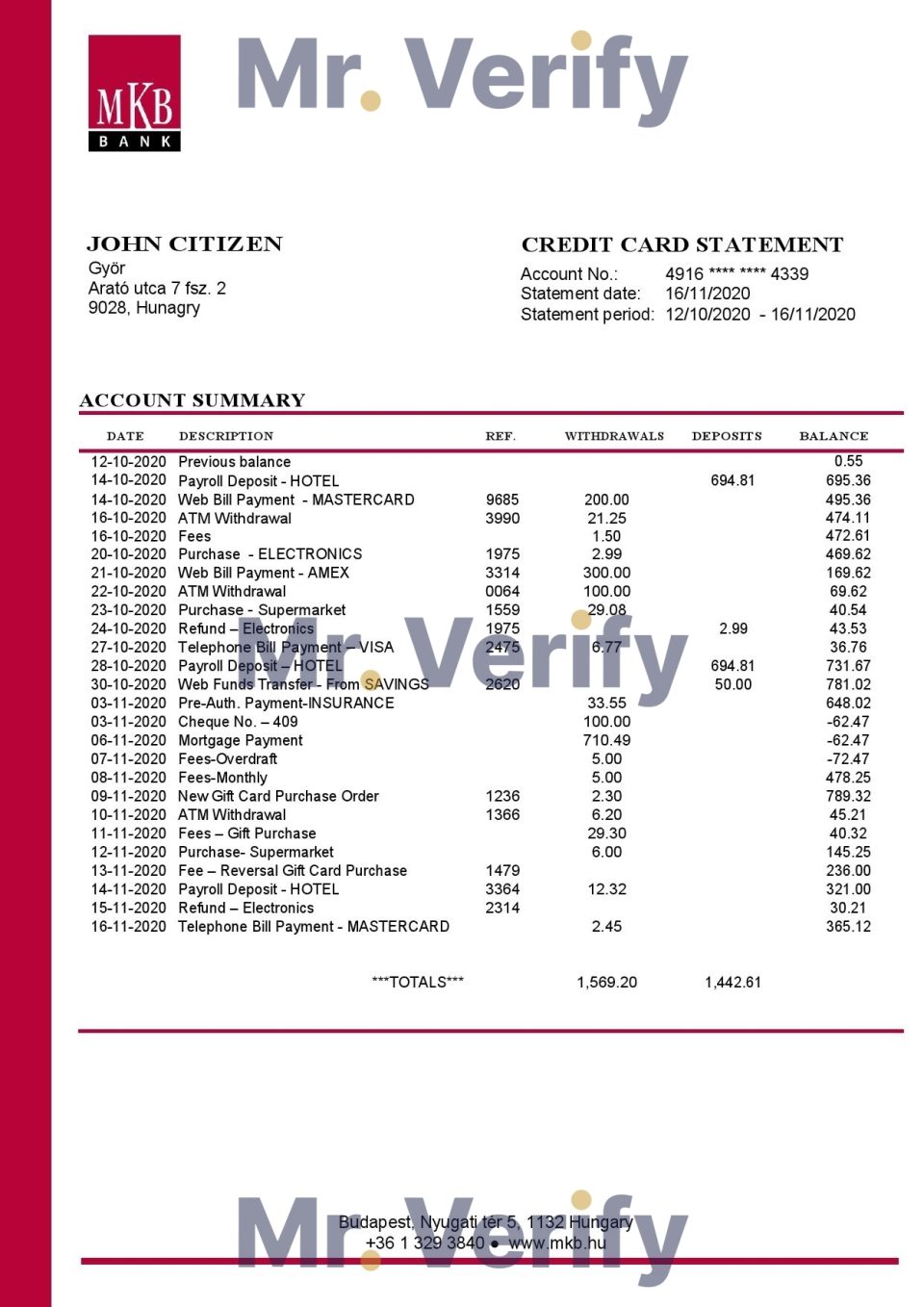 Hungary MKB Bank statement template in Word and PDF format