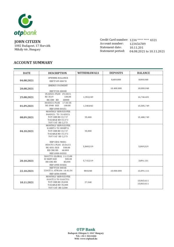 Hungary OTP Bank statement template in Word and PDF format
