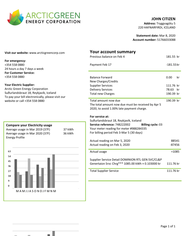 Iceland Arctic Green Energy Corporation electricity utility bill template in Word and PDF