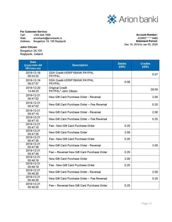 Iceland Arion Banki proof of address bank statement template in Word and PDF format