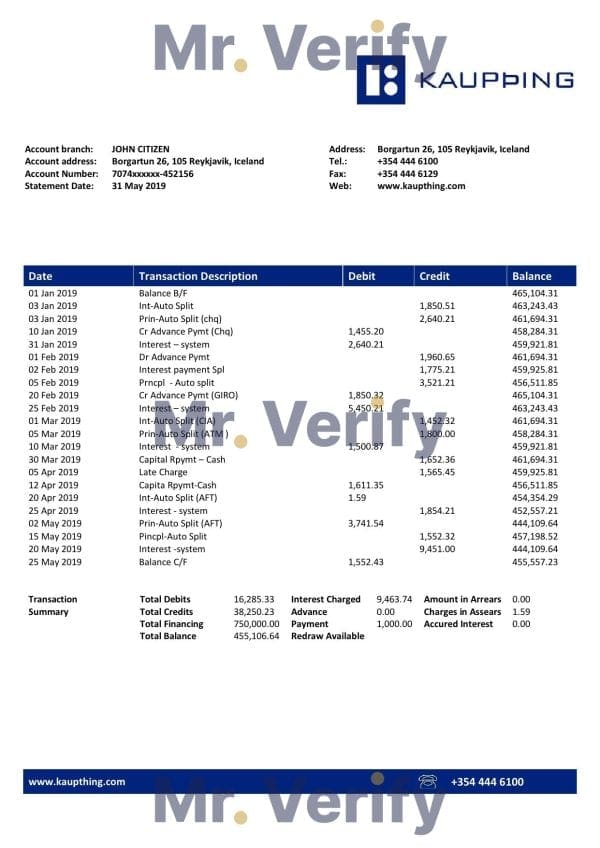 Iceland Kaupthing bank statement template in Word and PDF format