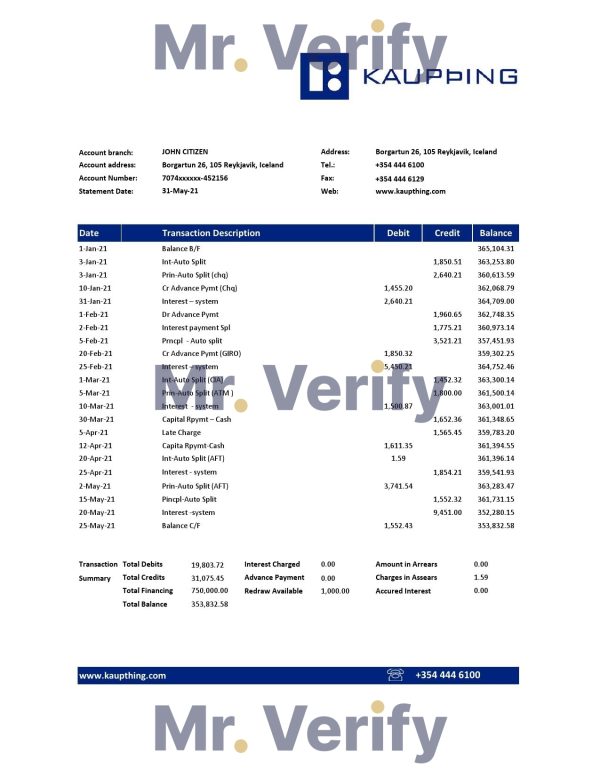 Iceland Kaupthing Bank statement easy to fill template in Excel and PDF format