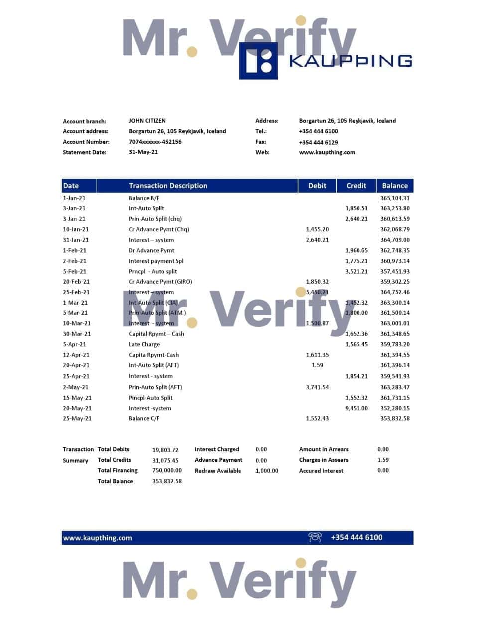 Iceland Kaupthing Bank statement easy to fill template in Excel and PDF format