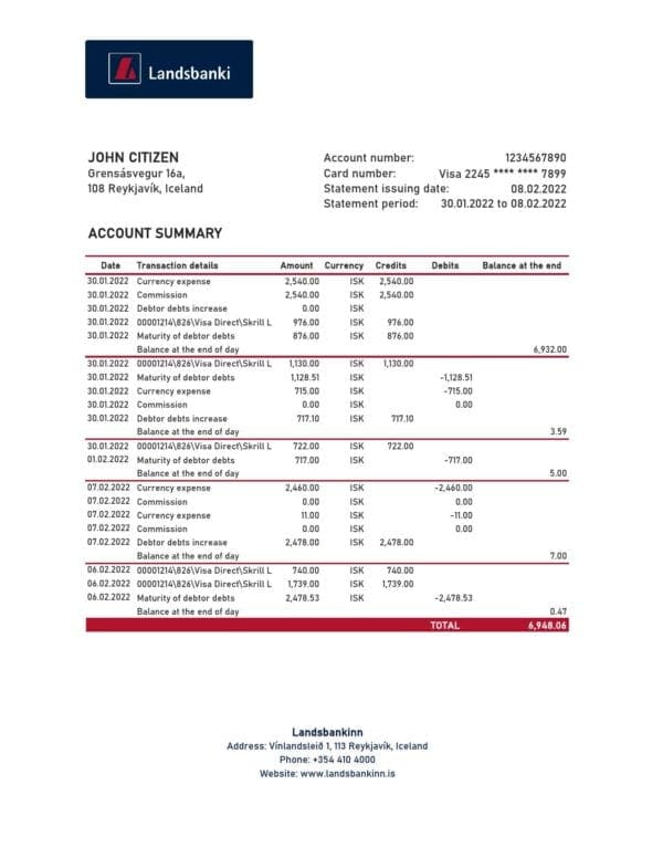 Iceland Landsbankinn bank statement Excel and PDF template